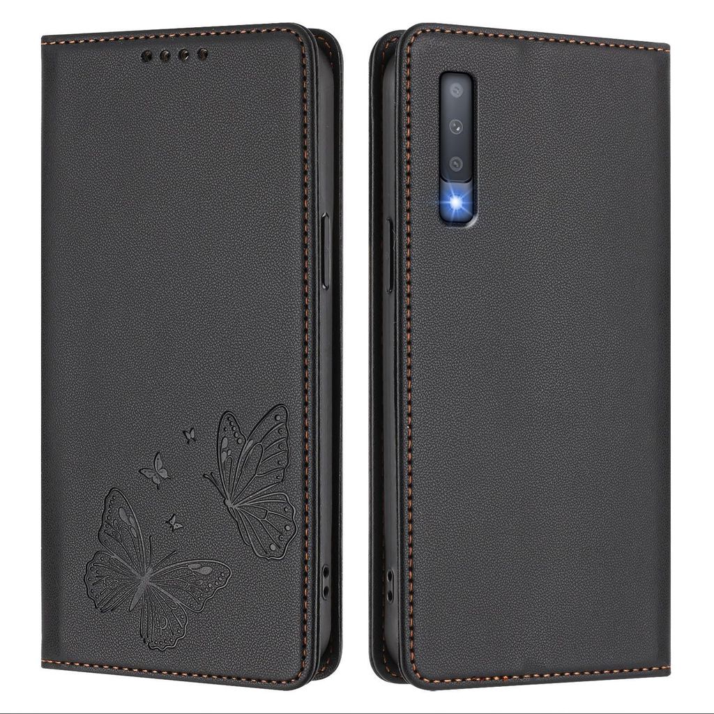 Lederhülle für Samsung Galaxy A7 2018, Schmetterling Prägung Leder Brieftasche Schutzhülle mit Ständer Schwarz