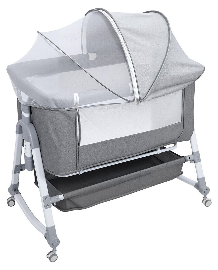 Baby-Beistellbett, 3-in-1-Babywiege mit großer, gebogener Wiege, höhenverstellbare Beistellwiege, bewegliche Beistellwiege mit Moskitonetz (Grau)