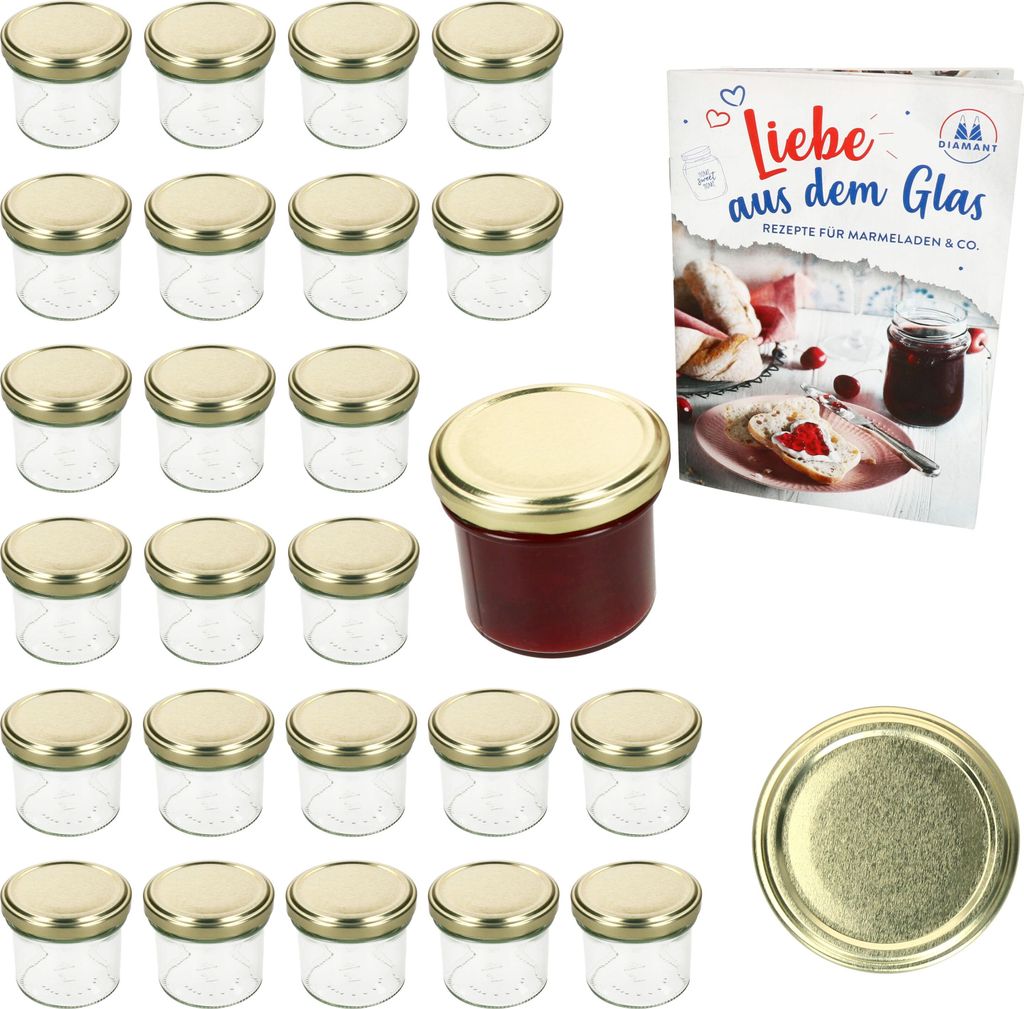 A set of small glass jars with gold lids, a single jar filled with red jam, and a recipe booklet.