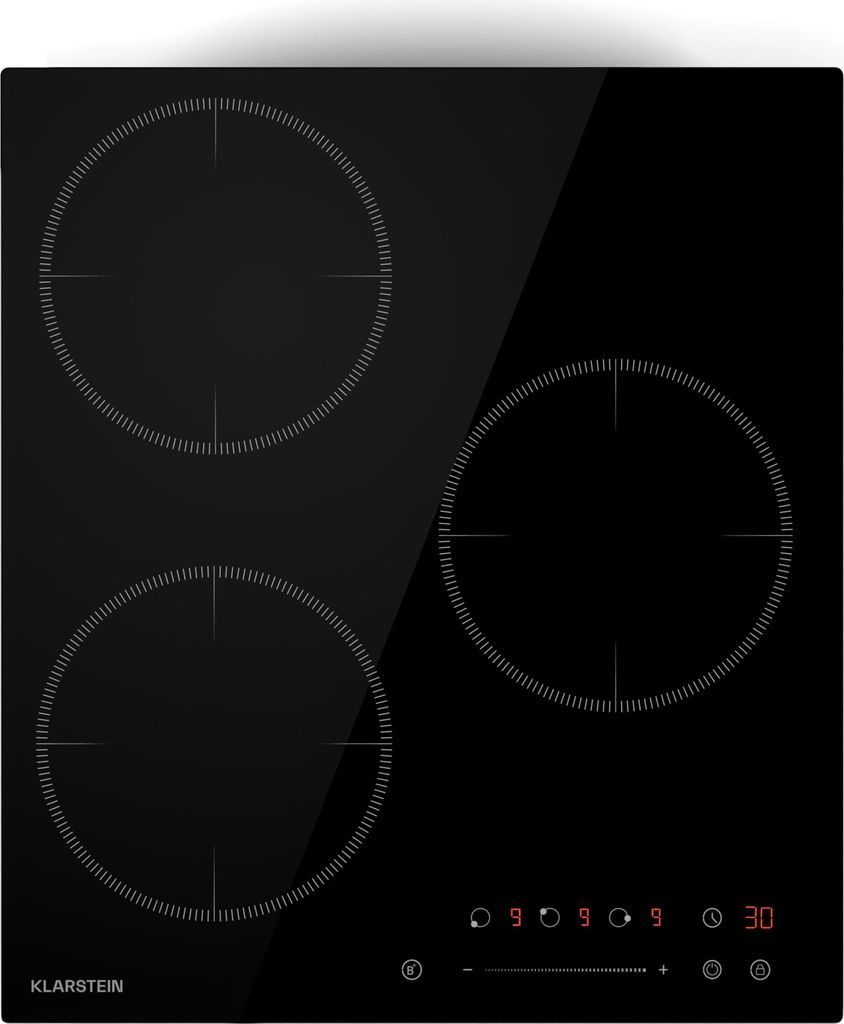 A black induction cooktop with three cooking zones is shown from a slightly elevated front view, set against a white background. The cooktop has a sleek, modern design with touch controls and a digital display.