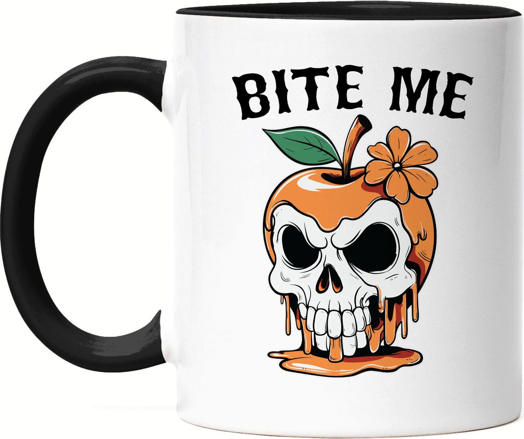 Bite Me Tasse Schwarz Halloween Geschenkidee Apfel Totenkopf Grusel Herbst