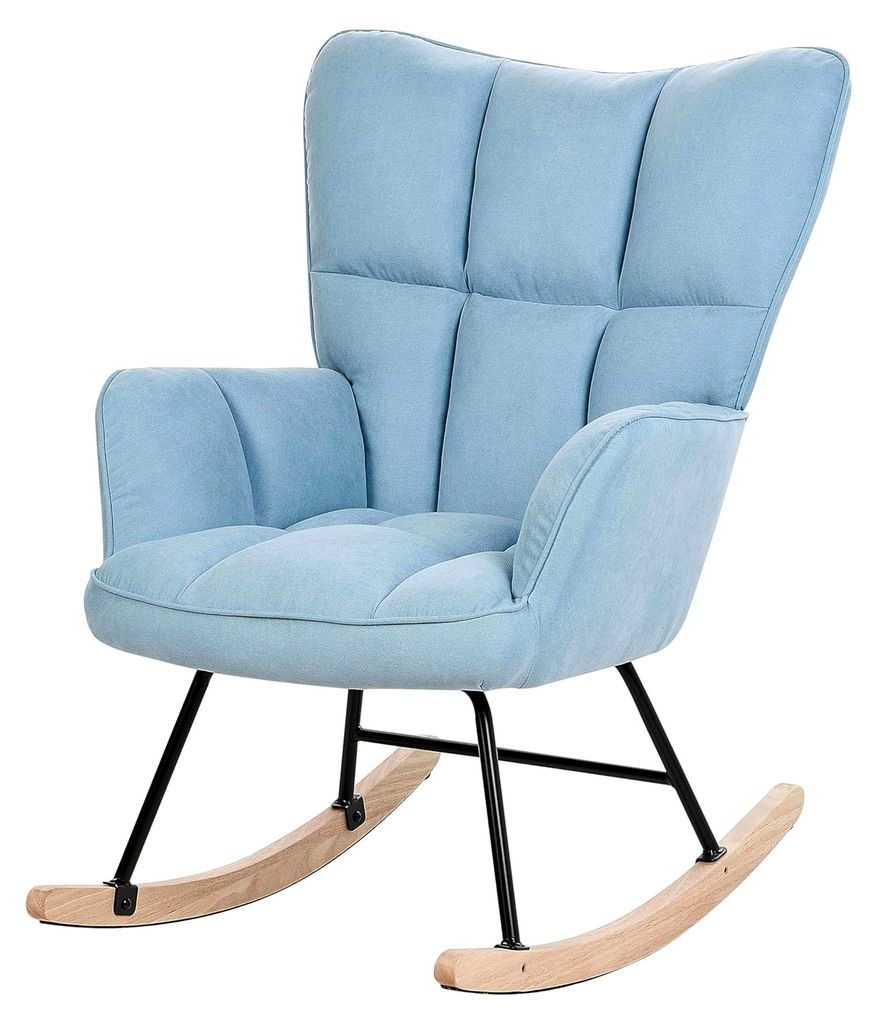 Gepolsterter Schaukelsessel aus Stoff in Blau, moderner und gemütlicher Schaukelstuhl