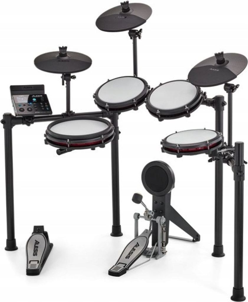 Alesis electronic drum set with multiple pads and cymbals, along with two pedals.