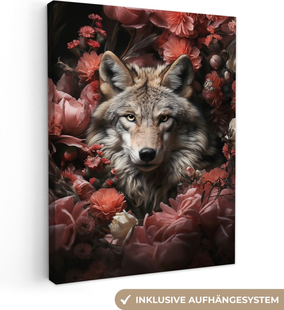 MuchoWow - Leinwandbilder - Wolf - Tier - Floral - Botanisch - Natur - Fantasie, Wandbild, Wanddeko Bilder Wohnzimmer, 30x40 cm