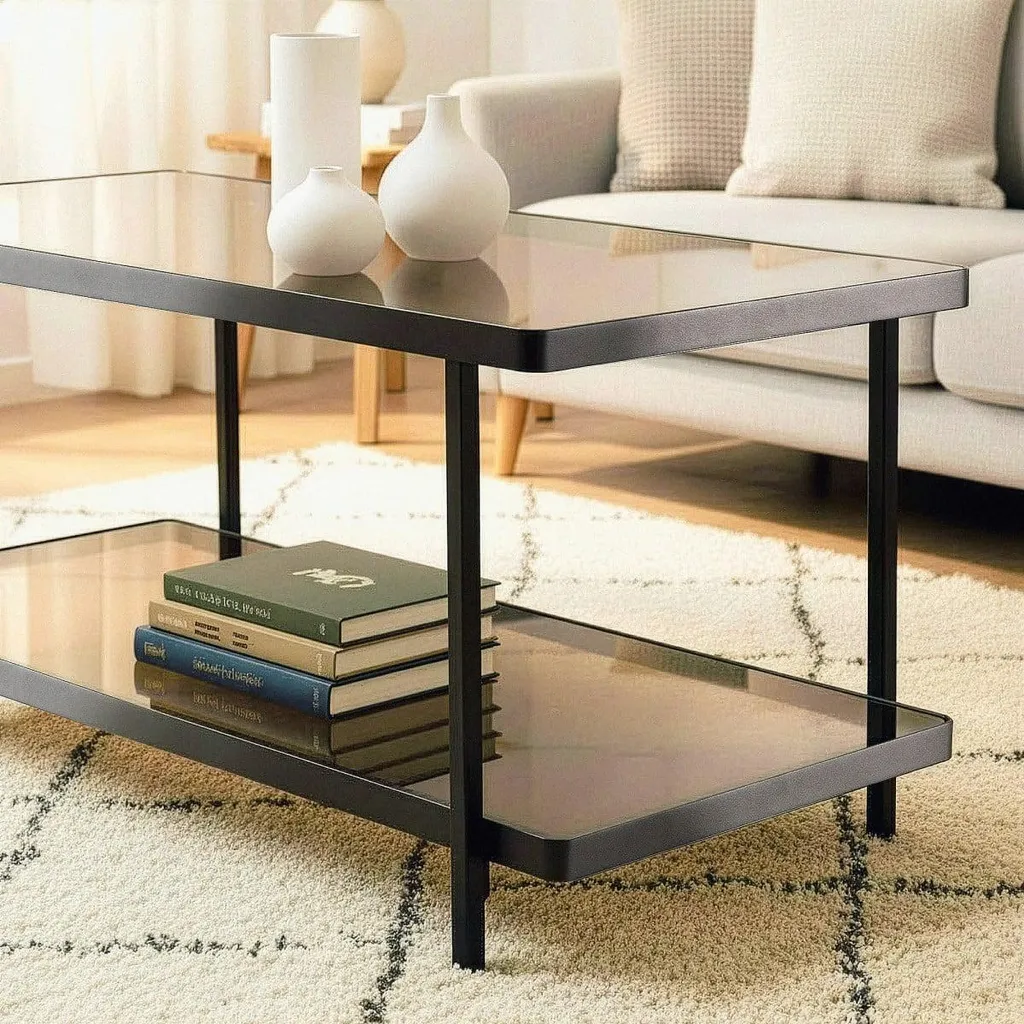 Table basse double plateau verre fumé et structure métal noir chic ORA