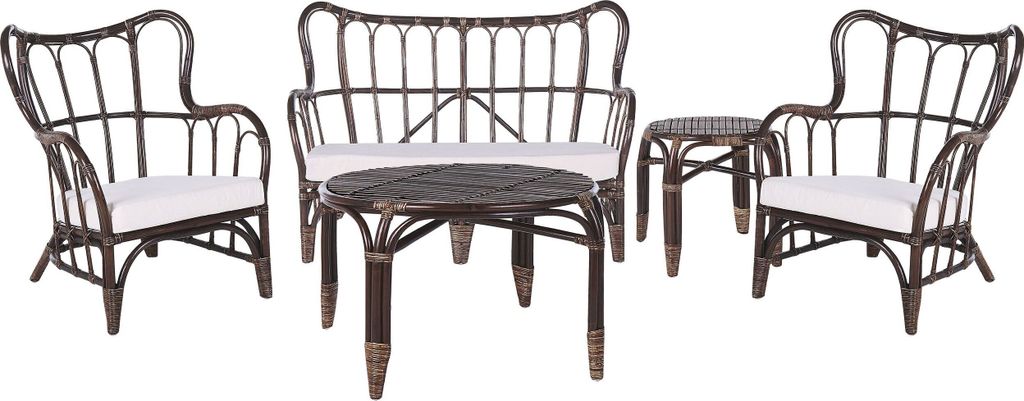BELIANI Lounge Set Dunkler Holzfarbton 4er Sitzer Rattan Auflagen Beige Sessel Sofa Couchtisch Couchtisch Beistelltisch für Terrase für Garten