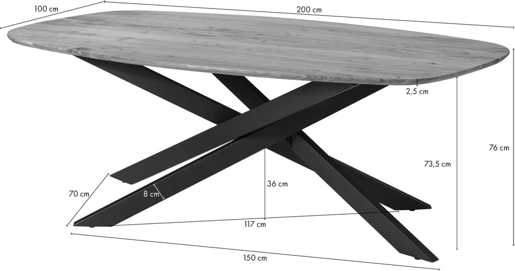 MASSIVMOEBEL24 Esstisch Akazie 200x100x76 natur lackiert / Mikado-Beine eckig schwarz
