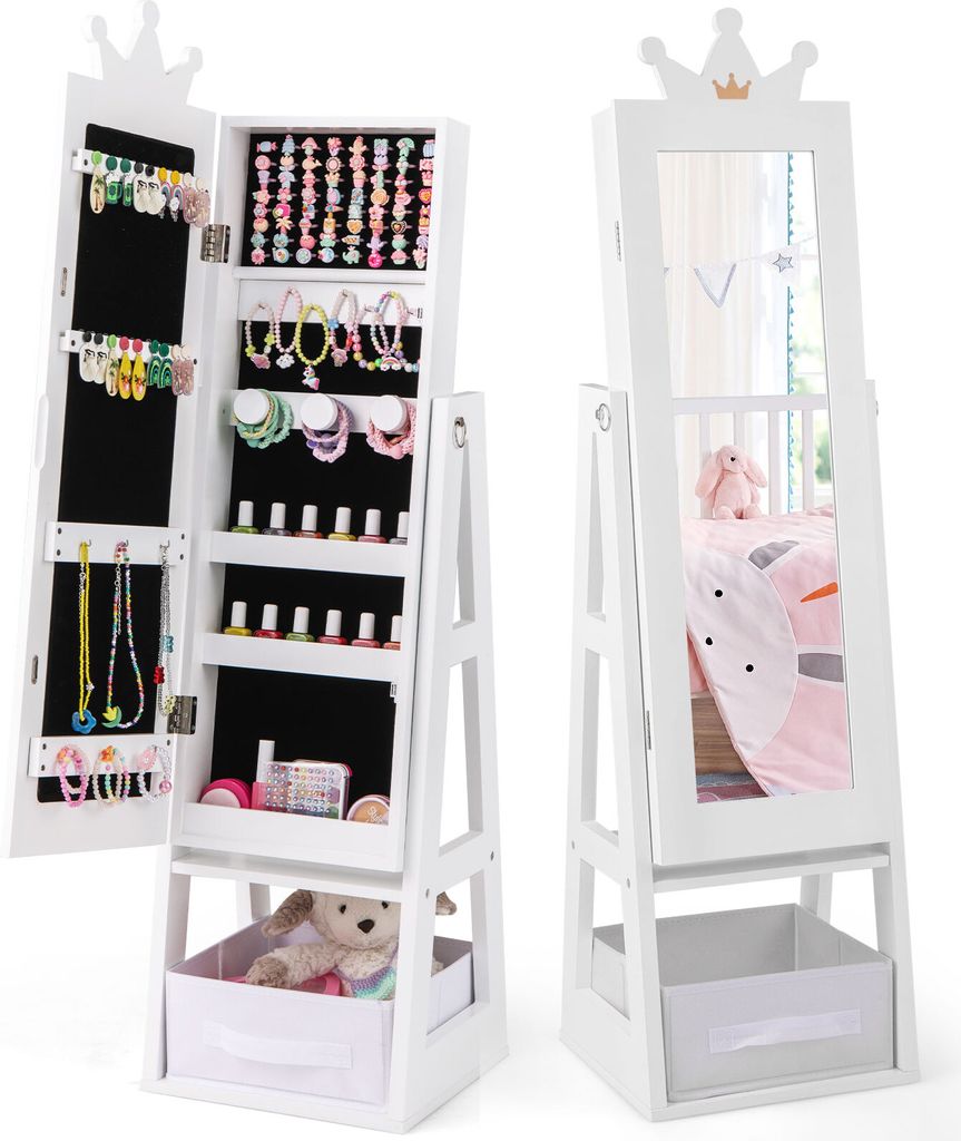 COSTWAY 3in1 Kinder Schmuckschrank, Spiegelschrank neigbar mit Ganzkörperspiegel & Aufbewahrungskorb, in Kronenform für Kinder ab 3 Jahren Weiß