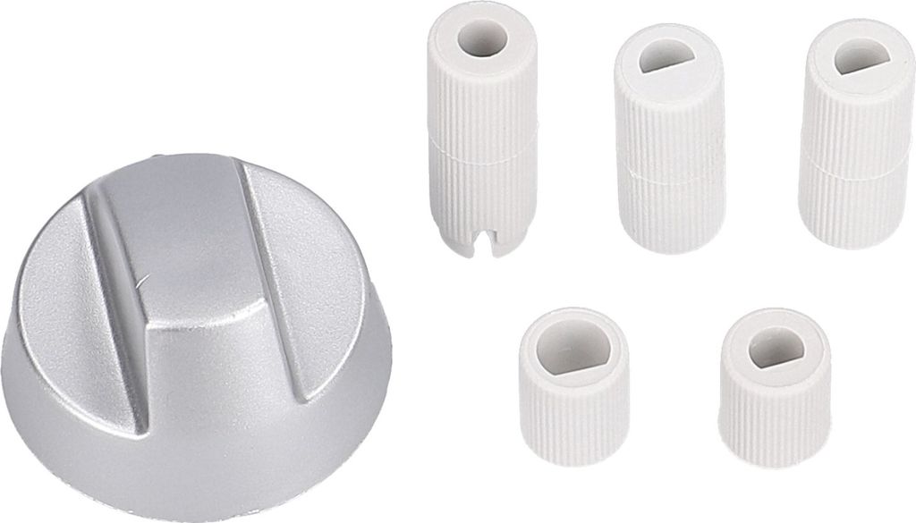 UNIVERSAL Knebel Knauf Drehgriff Drehknopf Griff Kochstellenknopf Knopf Silber 43mm mit Adaptern für Kochfeld Herd Backofen für alle Marken