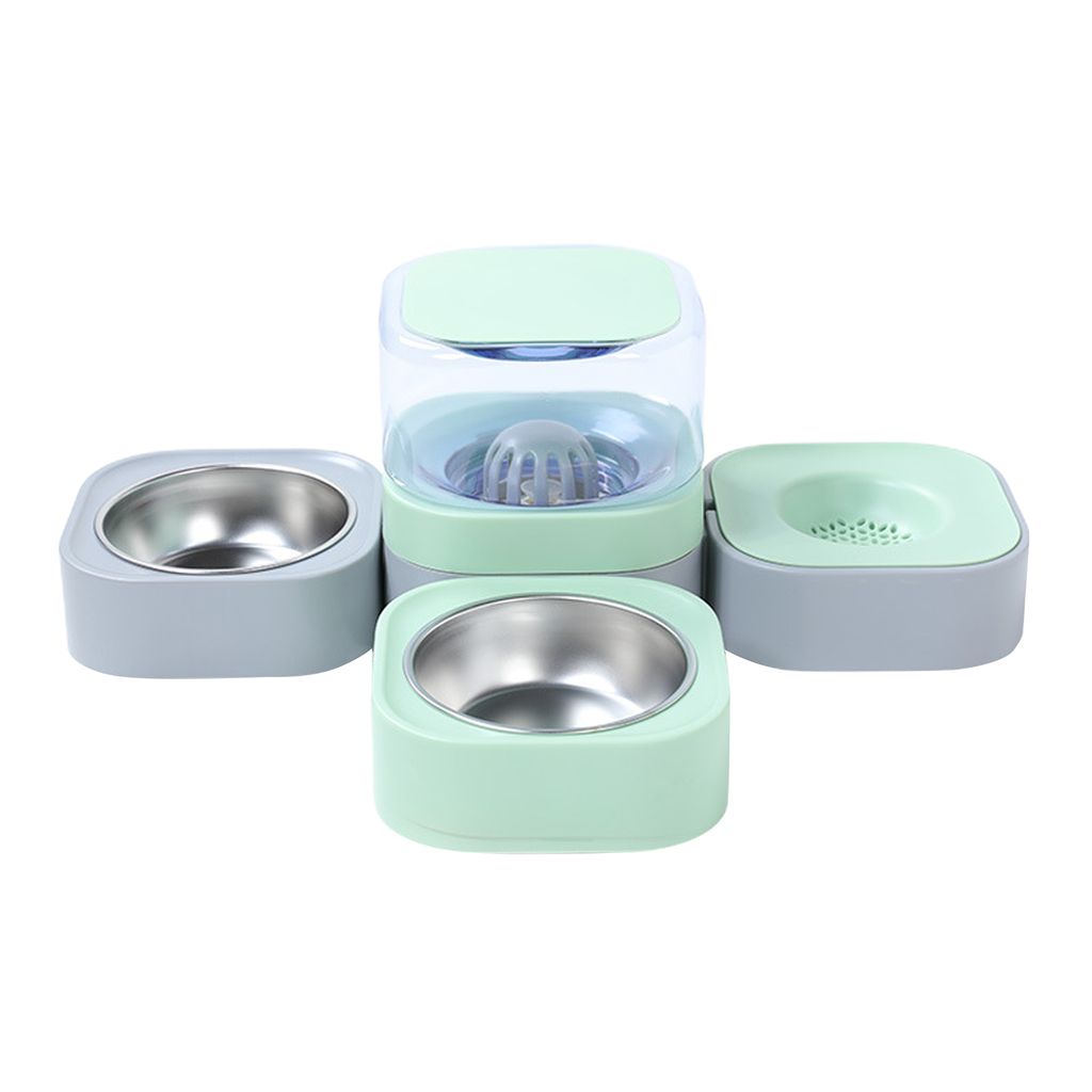 Automatischer Futterspender für Hunde und Katzen, Wasserspender, Futterspender, 2 Futternäpfe für Hunde, Welpen, Kätzchen, Grün und Grau
