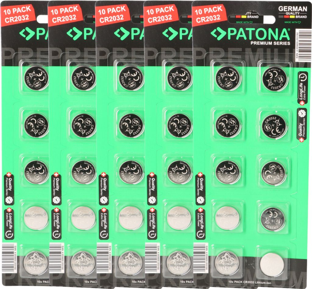 PATONA Premium 50x CR2032 Batterien (5x10er) Pack 3V Lithium