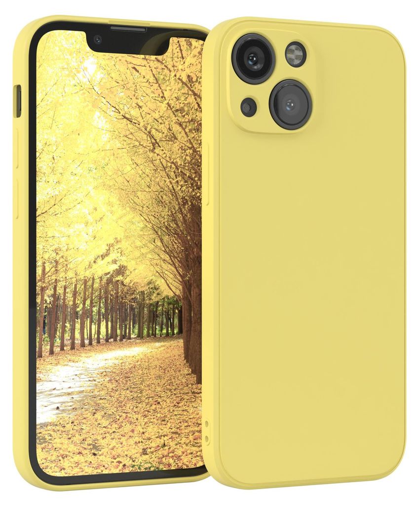 A yellow iPhone case is shown next to an iPhone displaying a nature scene.