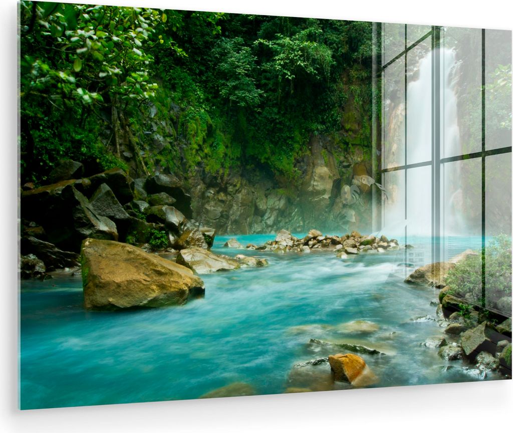 MuchoWow Glasbilder - Bilder auf Wandbild - Foto auf Glas Dschungel - Natur - Wasserfall 120x80 cm Wanddekoration aus Glas - Acrylglasbild - Acrylb...