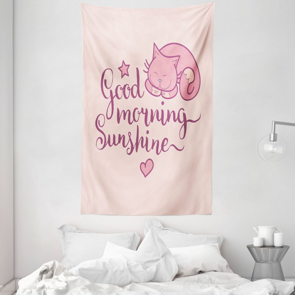 ABAKUHAUS Zitat Wandteppich und Tagesdecke, Schlafen Rosa Katze und Text aus Weiches Mikrofaser Stoff Waschbar ohne Verblassen Digitaldruck, 140 x ...
