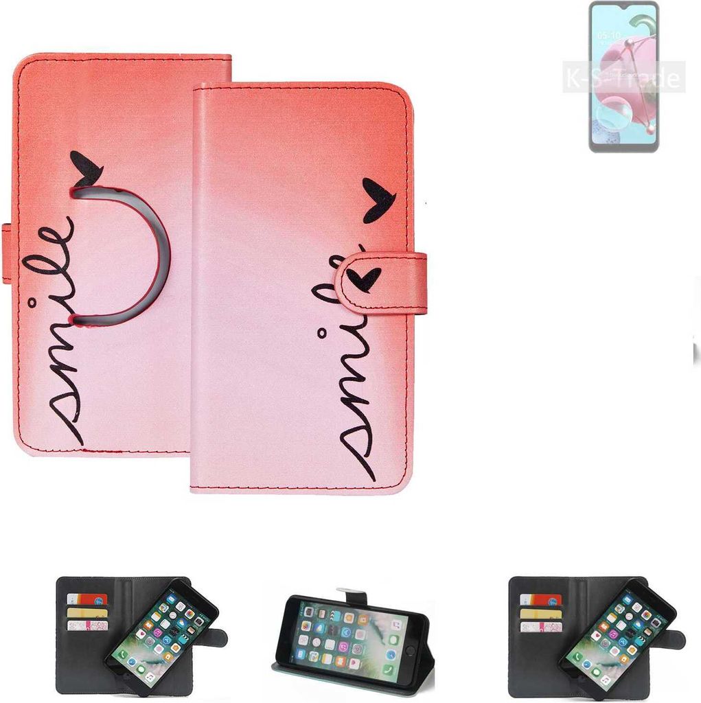 K-S-Trade Schutzhülle Handyhülle kompatibel mit LG Electronics Q51 Hülle cover bookstyle Etui ''smile'' rot Standfunktion Kameraschutz (1Stk)