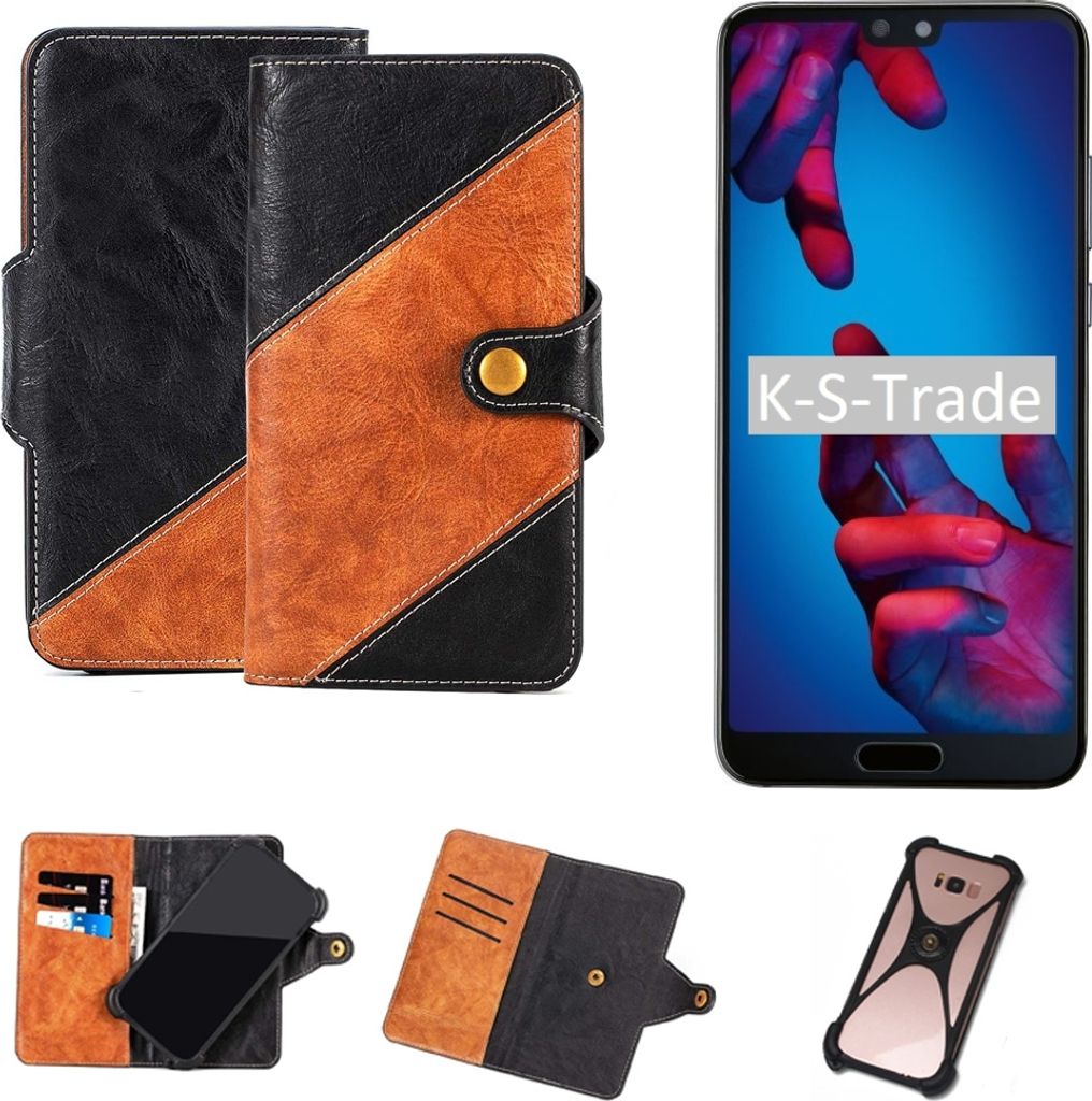K-S-Trade Handyhülle Schutzhülle Bookstyle Case Wallet-Case kompatibel mit Huawei P20 Handy Cover Bumper Klapphülle schwarz hellbraun 1x
