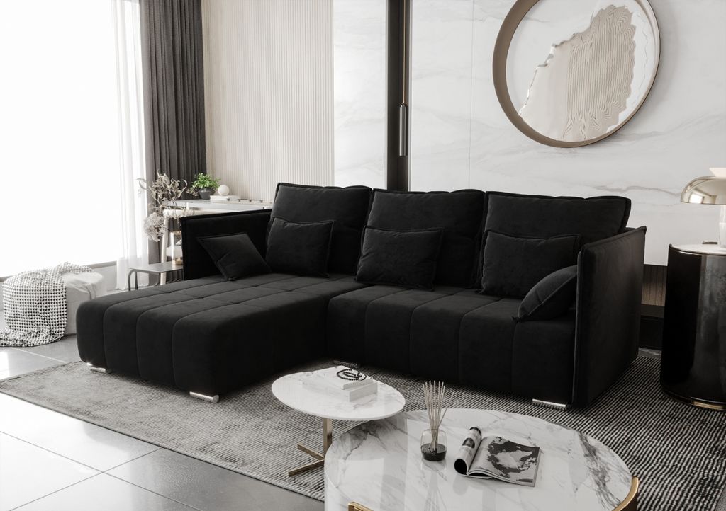 AX LIVING Schwarz Ecksofa mit Schlaffunktion Florinna 248cm L-Form