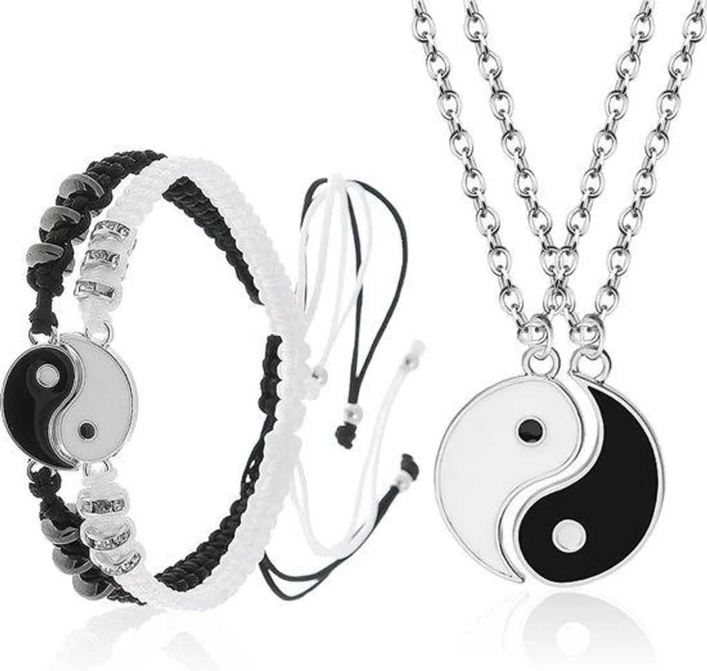 Bracelet et collier Tai-Chi à maillons noirs et blancs cordon réglable
