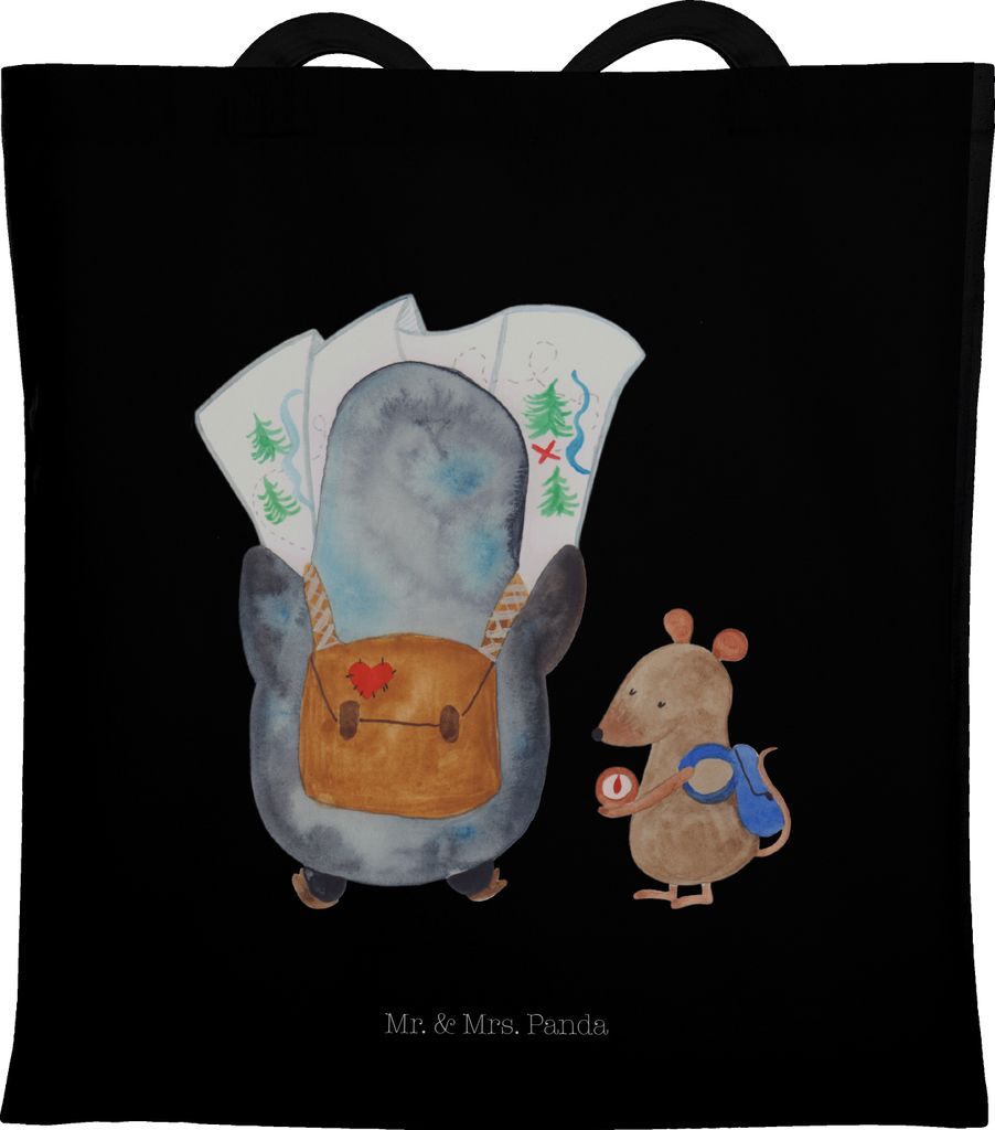 Mr. & Mrs. Panda Einkaufstüte Pinguin & Maus Wanderer - Schwarz - Geschenk, Roadtrip, Tasche, Pinguine, Tote Bag, Einkaufstasche, Schultasche, Aus...