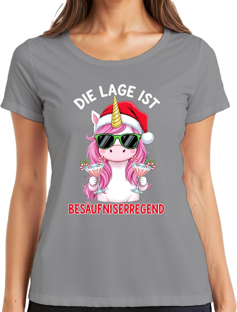 Die Lage ist Besäufniserregend Weihnachten Einhorn Saufen Damen T-Shirt, Grau, L