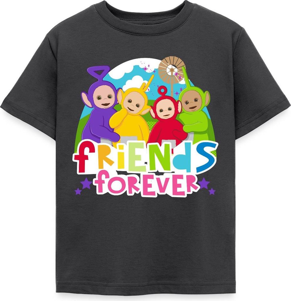 Spreadshirt Teletubbies Friends Forever Süßes Design Kinder T-Shirt, 98/104 (3-4 Jahre), Dunkelgrau