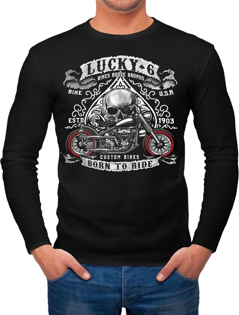 Herren Longsleeve Biker Lucky 6 Totenkopf Pik Motorrad Shopper USA Live to Ride Langarmshirt Neverless schwarz S