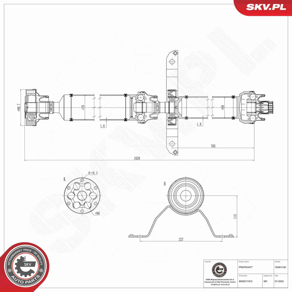 Arbre de transmission ESEN SKV 76SKV130 pour Audi A4 Avant 8K5 B8
