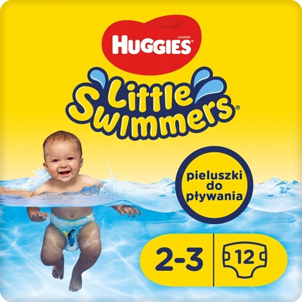 A baby in a swimming diaper is shown in water, with the Huggies Little Swimmers packaging in the background.