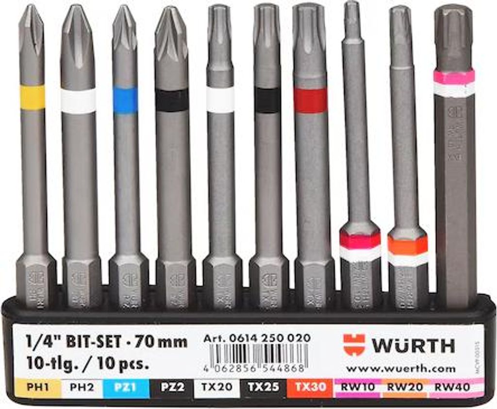 Würth Bit-Sortiment 1/4 Zoll mit Gürtelclip 10-teilig Länge 70mm Art.-Nr. (0614250020)