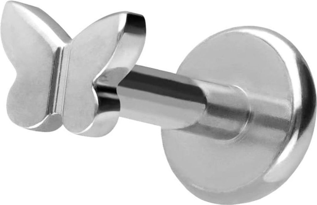 Ohrpiercing, Nasenpiercing Titan Labret mit Push Fit SCHMETTERLING Silber Stablänge: 6mm | Stabstärke: 1,2mm | Discgröße: 3,5mm