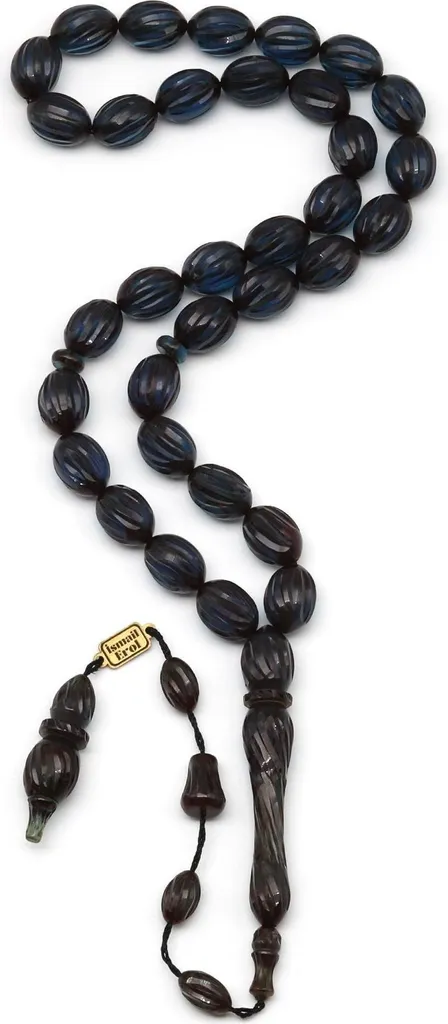 Chapelet pour méditation en ambre bleu, 33 grains ovales de 39 cm