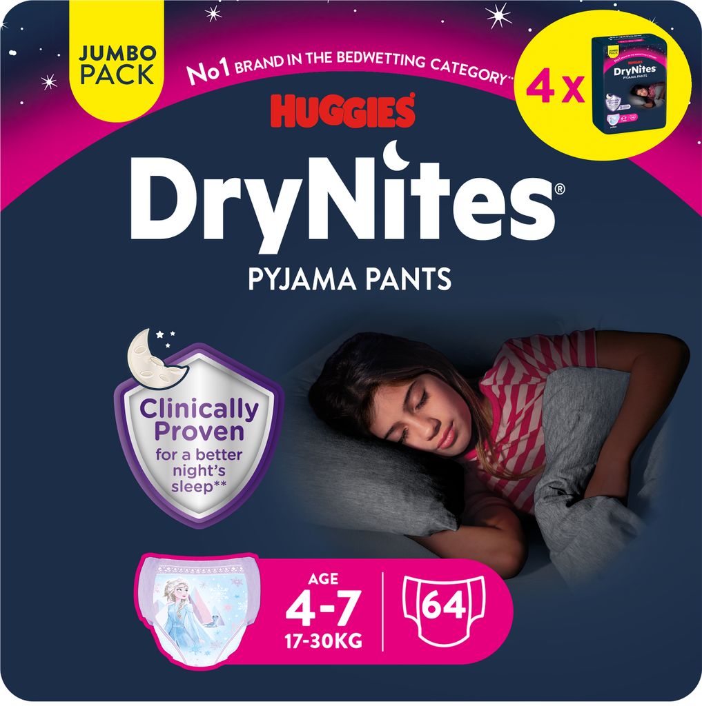 Packaging for Huggies DryNites Pyjama Pants, featuring a sleeping child.