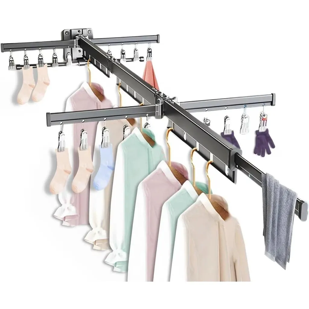 Séchoir à linge mural pliable et extensible avec 20 crochets noirs