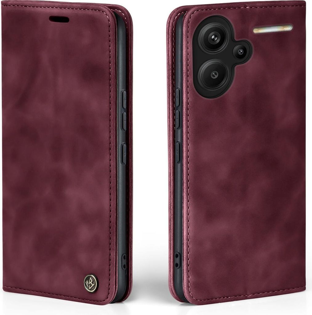 A burgundy flip case for a smartphone is shown from two angles.