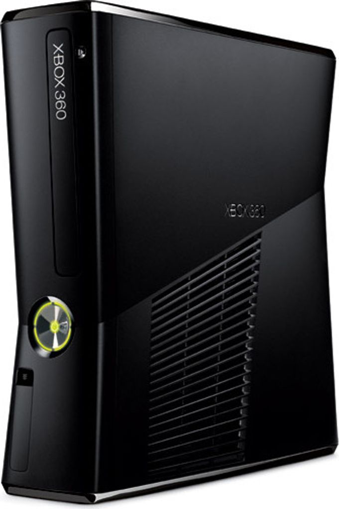A black Microsoft Xbox 360 S console is shown from a three-quarter angle against a white background.