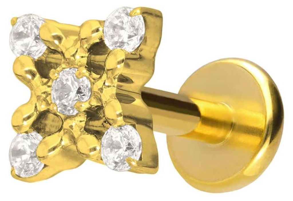 Ohrpiercing, Nasenpiercing Titan Labret mit Push Fit KRISTALLBLUME Gold Stablänge: 5mm | Stabstärke: 1,2mm