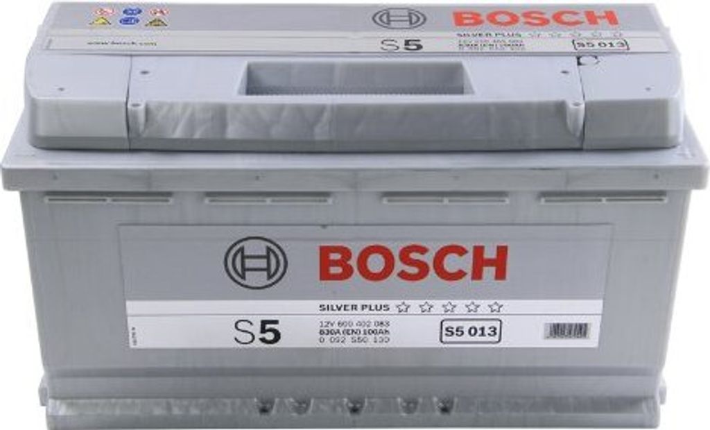 A Bosch S5 Silver Plus car battery is shown against a white background.