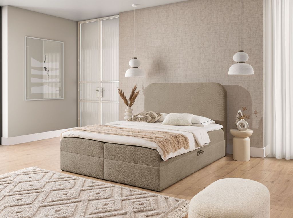 Boxspringbett Schlafzimmerbett BINETA PREMIUM 120x220cm Stoff Coral Dunkelbeige