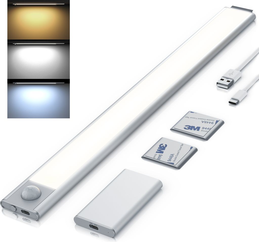 Brandson LED Unterbauleuchte, Lichtleiste, Schrankbeleuchtung mit Bewegungsmelder kabellos, 3 Lichtfarben, Akku, Silber