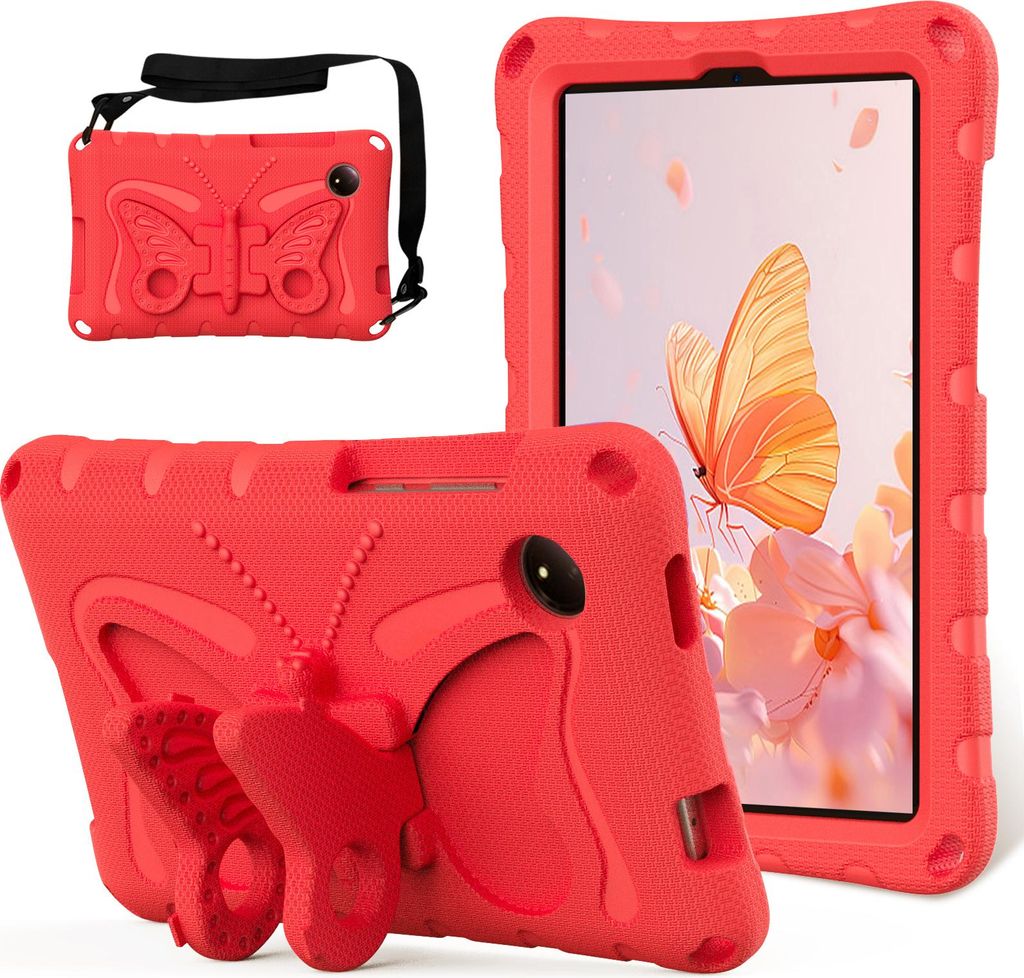 Kinder Hülle für Xiaomi Redmi Pad SE 8,7" 4G 2024 Leicht Stoßfeste EVA Kindgerechtes Schutzhülle mit Schultergurt, Schmetterlings-Ständer Rot