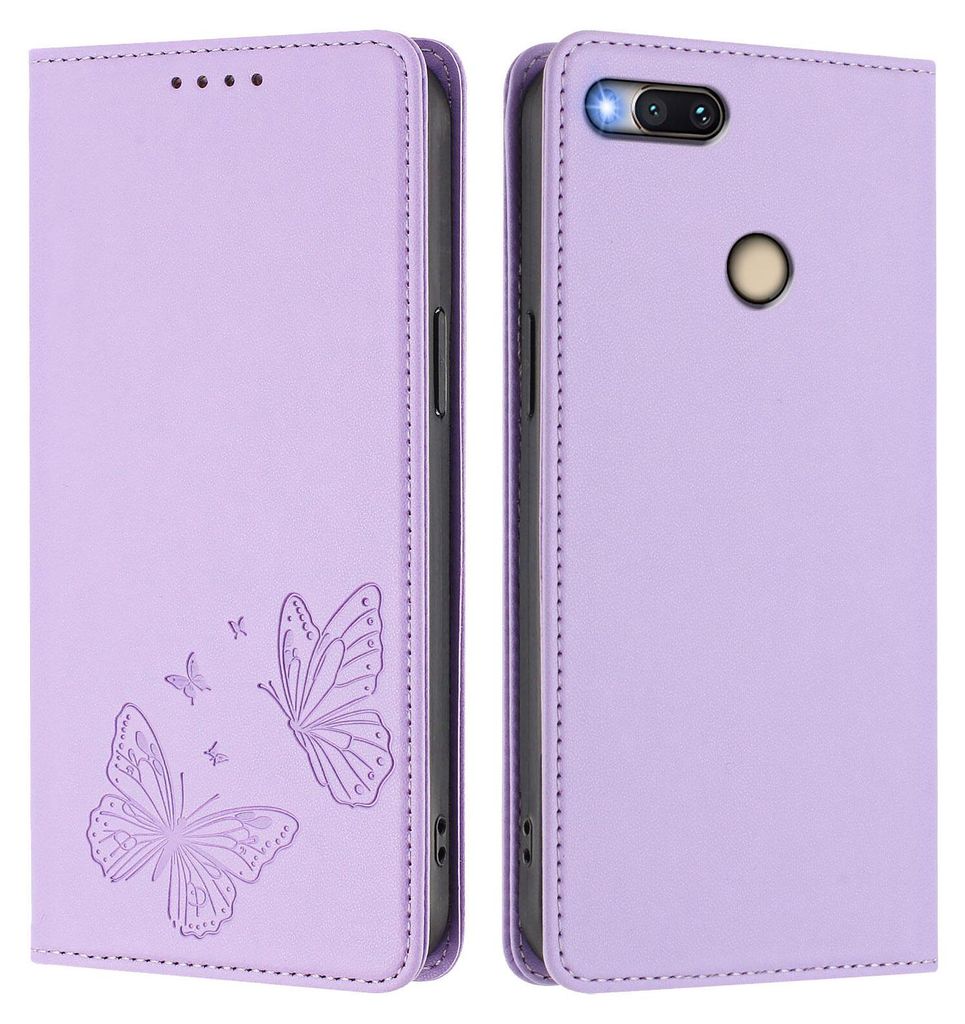 Lederhülle für Xiaomi Mi A1 (Mi 5X), Schmetterling Prägung Leder Brieftasche Schutzhülle mit Ständer Violett