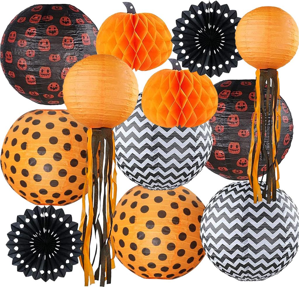 12 Stück Halloween-Party-Dekorationen, Waben-Kürbis-Ball-Laternen, Papierfächer, hängende Ornamente, für drinnen und draußen, gruselige Dekor...
