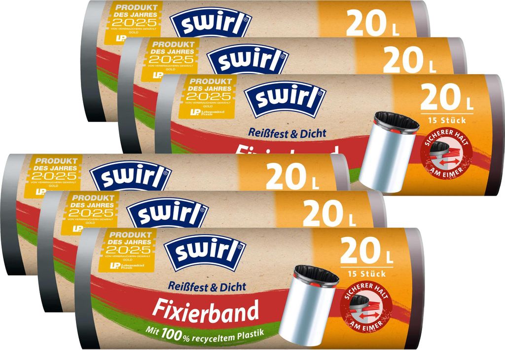 6x Swirl Fixierband Müllbeutel 20L ( 15 stk./Rolle )