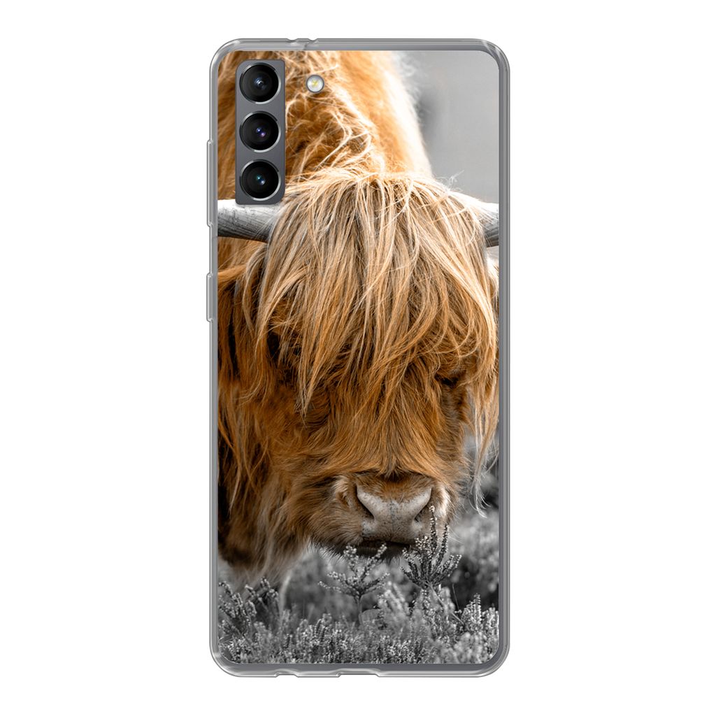 MuchoWow Handyhülle Schutzhülle Hülle für Samsung Galaxy S21 Plus Scottish Highlander - Pflanzen - Schwarz - Weiß Silikon Softcase Handy Hü...