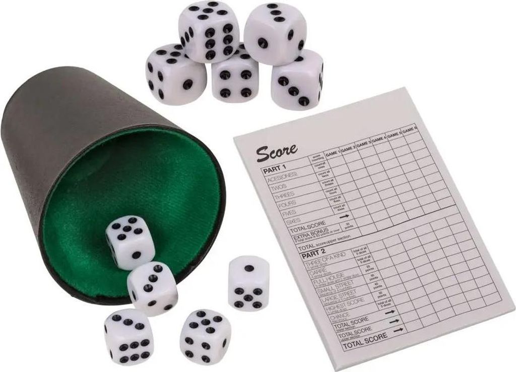 Würfelset - 5 Würfel, Becher und Notizbuch