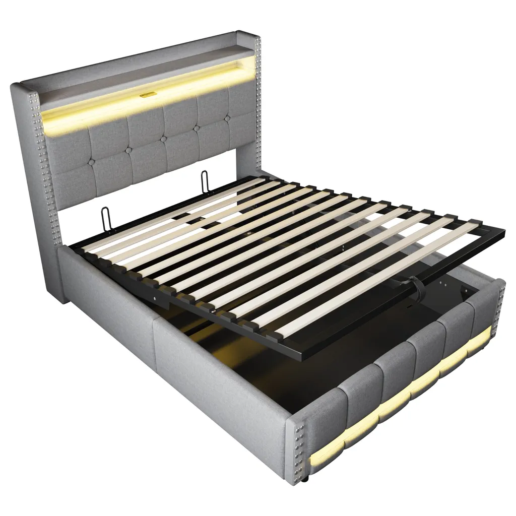 Lit Boxspring 140x200cm avec Coffre de Rangement Hydraulique en Gris