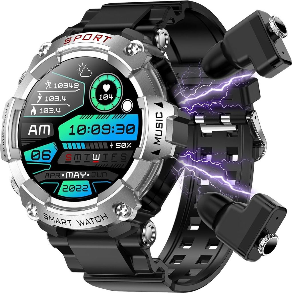 Smart Watch, 1,52-Zoll-Touchscreen eingebaute TWS-Bluetooth-Kopfhörer, 24/7 Überwachung Herzfrequenz/Blutdruck/Blutsauerstoff/Schlaf, IP67 wasser...