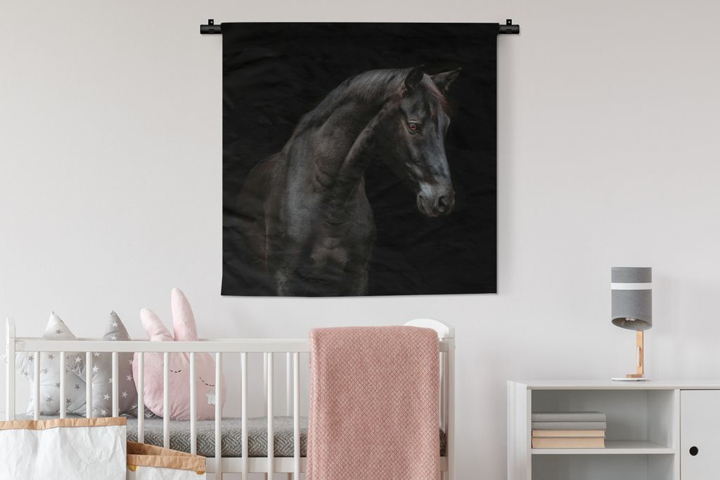 MuchoWow Wandteppich Wandbehang Pferd - Tier - Schwarz 90x90 cm Tapisserie Dekoration Wandtuch - Wandaufhänger
