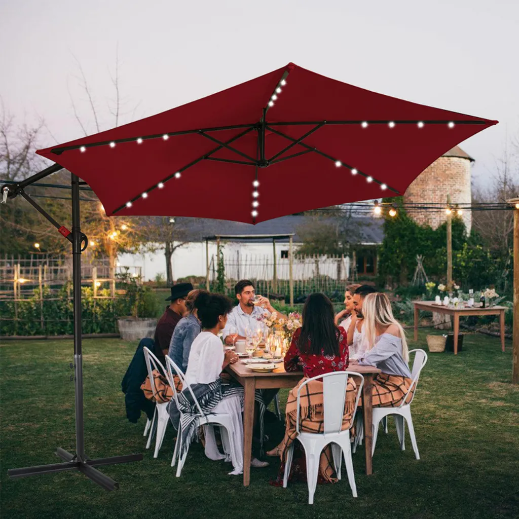 Jiubiaz ombrellone rosso LED solare Ø300cm ombrellone da giardino ombrellone da mercato ombrello a manovella balcone alluminio inclinabile