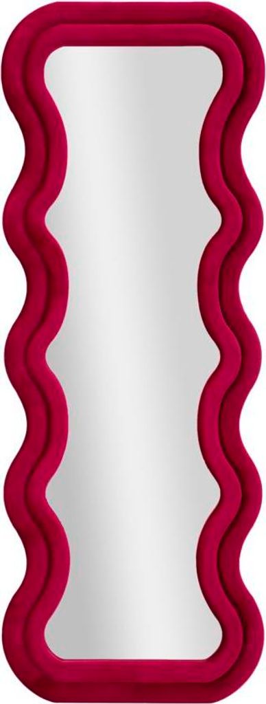 A full-length mirror with a wavy pink frame against a white background.
